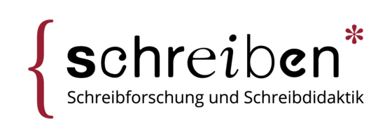 Abgebildet ist das Logo der Arbeitsgruppe von Kirsten Schindler. Die Wörter "schreiben" und in der Zeile darunter "Schreibforschung und Schreibdidaktik" sind links durch eine geschwungene Klammer und rechts durch einen Asterisk eingerahmt.